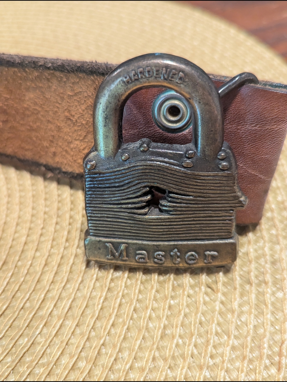 Vintage 1970's Masters Leather Belt with Antique Brass Padlock Buckle. Size 38.